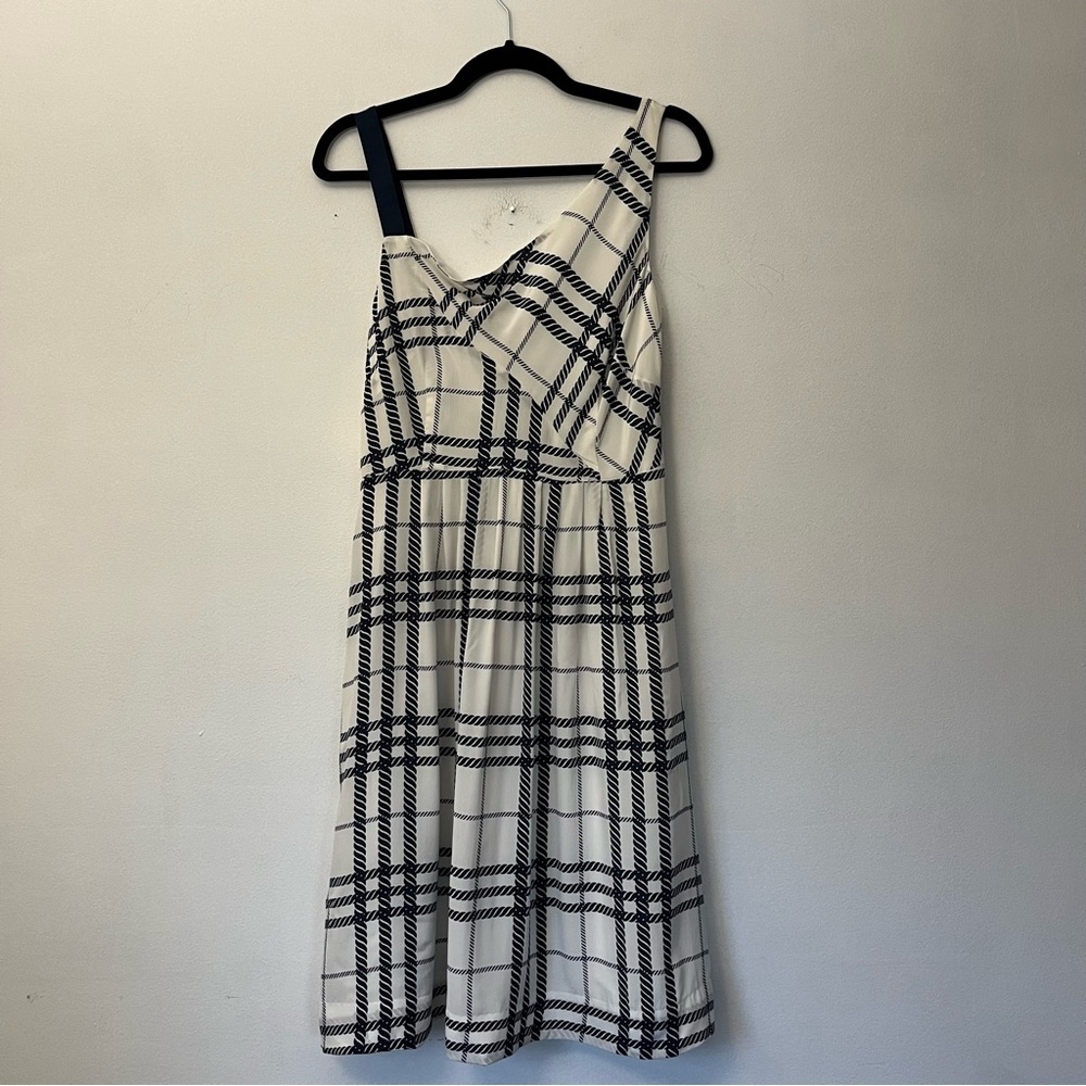 Moulinette Soeurs Silk Asymmetrical Neckline Knee-Length dress size 6 navy white